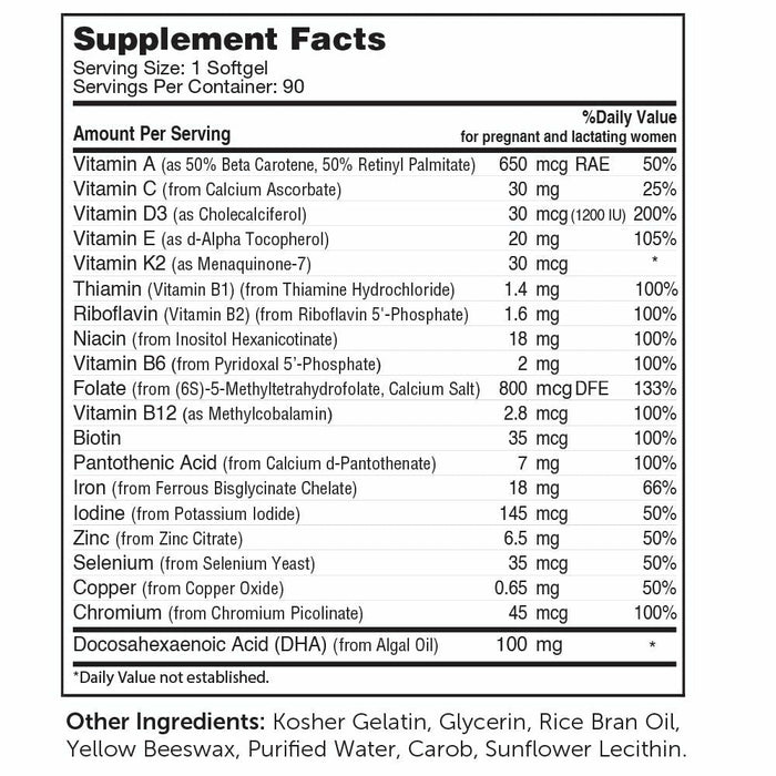 Advanced Nutrition by Zahler Mighty Mini Prenatal + DHA 90 softgels supplement facts label