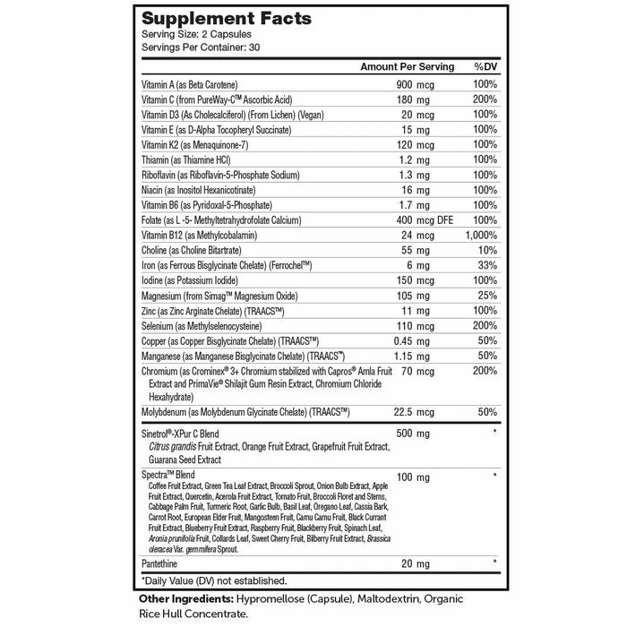 Advanced Nutrition by Zahler Multivitamin Metabolism 60 capsules supplement facts label