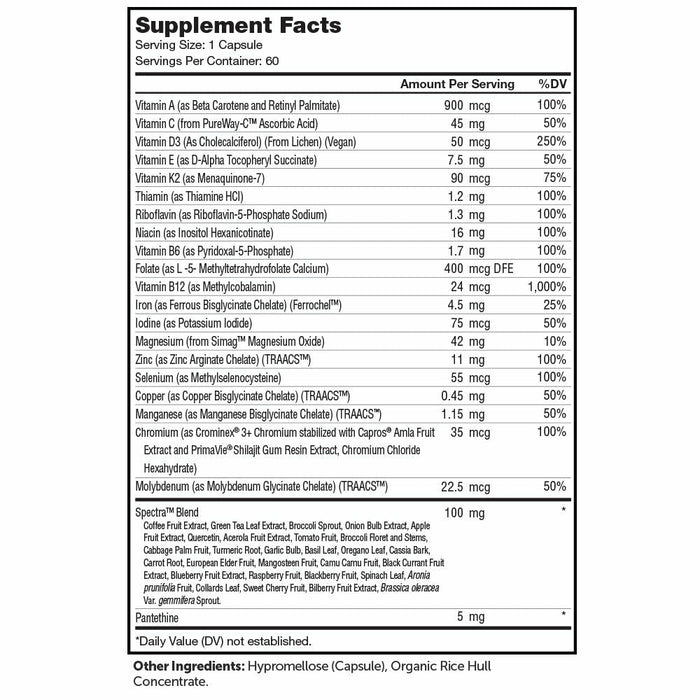 Advanced Nutrition by Zahler Multivitamin One Daily 60 capsules supplement facts label