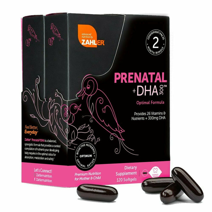 Advanced Nutrition by Zahler Prenatal + DHA 300, 120 softgels, front of two boxes
