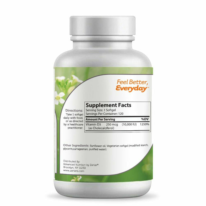 Advanced Nutrition by Zahler Vitamin D3 10,000 IU 120 softgels supplement facts label