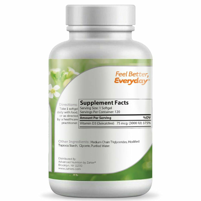 Advanced Nutrition by Zahler Vitamin D3 3000 IU 120 softgels supplement facts label