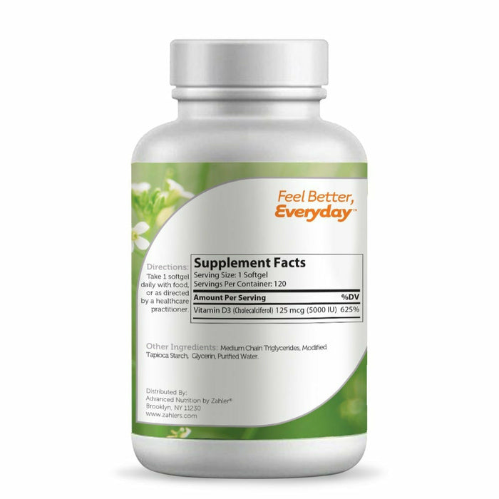 Advanced Nutrition by Zahler Vitamin D3 5000 IU 120 softgels supplement facts label