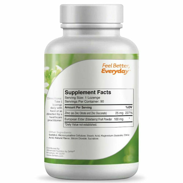 Advanced Nutrition by Zahler Zinc + Elderberry 90 lozenges supplement facts label