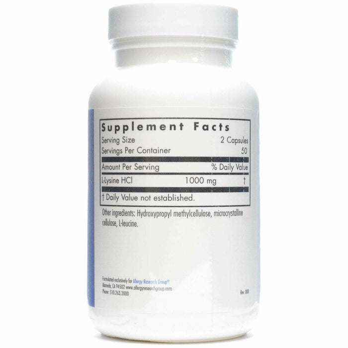 Allergy Research Group L-Lysine 500 mg 100 capsules supplement facts label