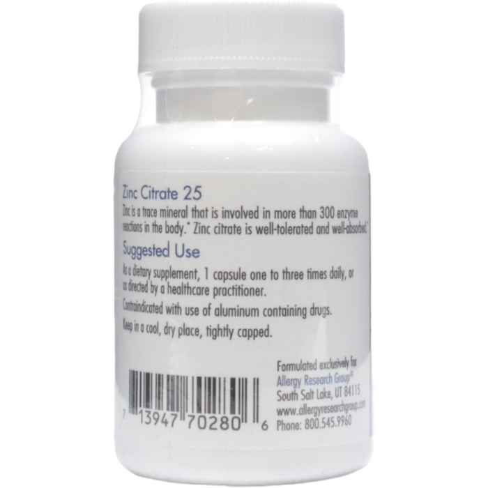 Allergy Research Group Zinc Citrate 25 mg 60 capsules suggested use label