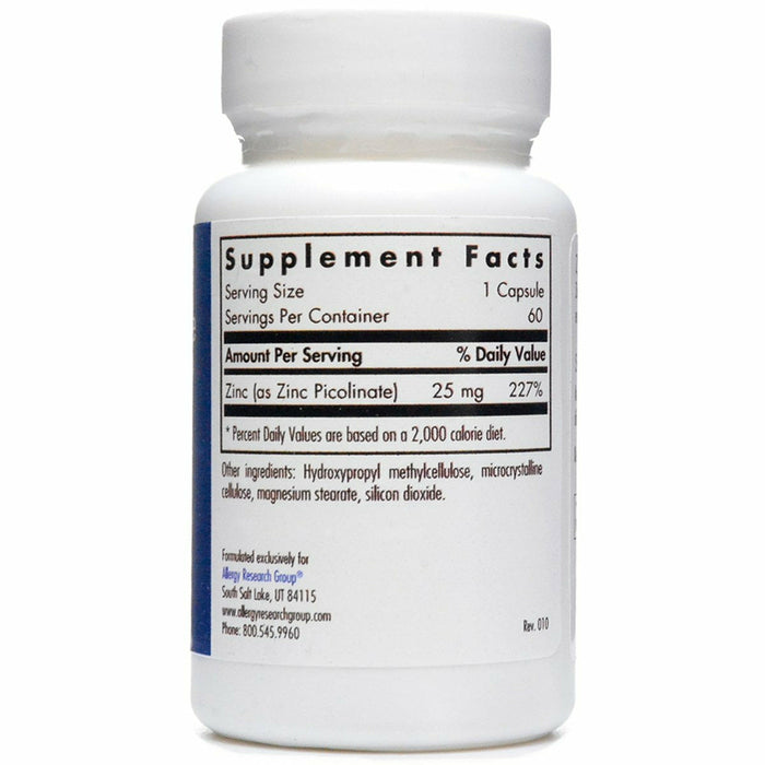 Allergy Research Group Zinc Picolinate 25 mg 60 capsules supplement facts label