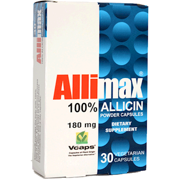 Allimax 100% Allicin 180 mg, 30 veg capsules, front of box