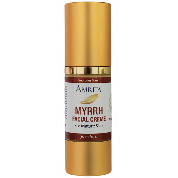 Amrita Aromatherapy Myrrh Facial Creme for Mature Skin, 1 oz, front of pump bottle