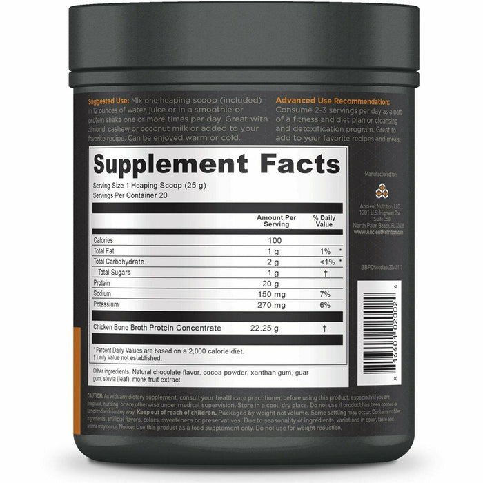 Bone Broth Protein 20 servings Chocolate by Ancient Nutrition, product label
