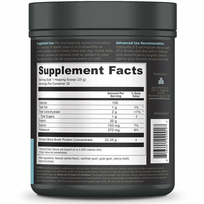 Bone Broth Protein 20 servings Vanilla by Ancient Nutrition, product label
