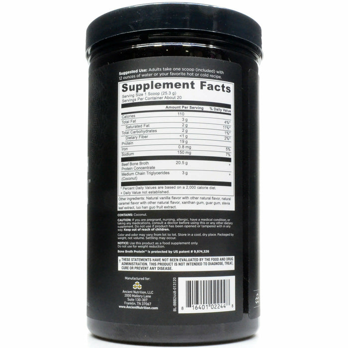 Ancient Nutrition Bone Broth Protein Beef Salted Caramel 20 servings supplement facts label