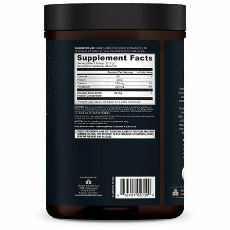 Ancient Nutrition Bone Broth Protein Pure 20 servings supplement facts label