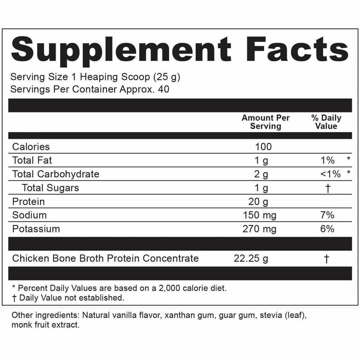 Ancient Nutrition Bone Broth Protein Vanilla 40 servings supplement facts label 2