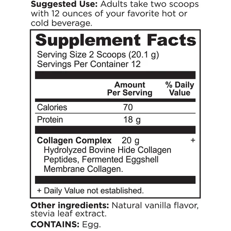 Ancient Nutrition Collagen Peptides Powder Vanilla 8.51 oz supplement facts label