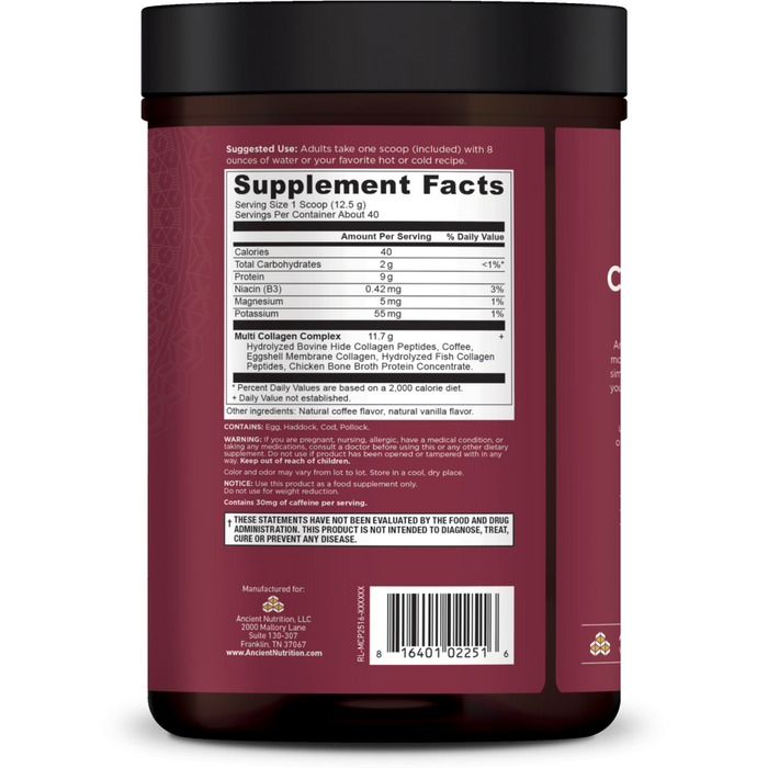 Multi Collagen Protein Cold Brew 40 servings by Ancient Nutrition, supplement facts label