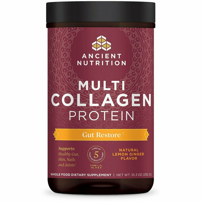 Ancient Nutrition Multi Collagen Protein Gut Restore Lemon Ginger, front of jar
