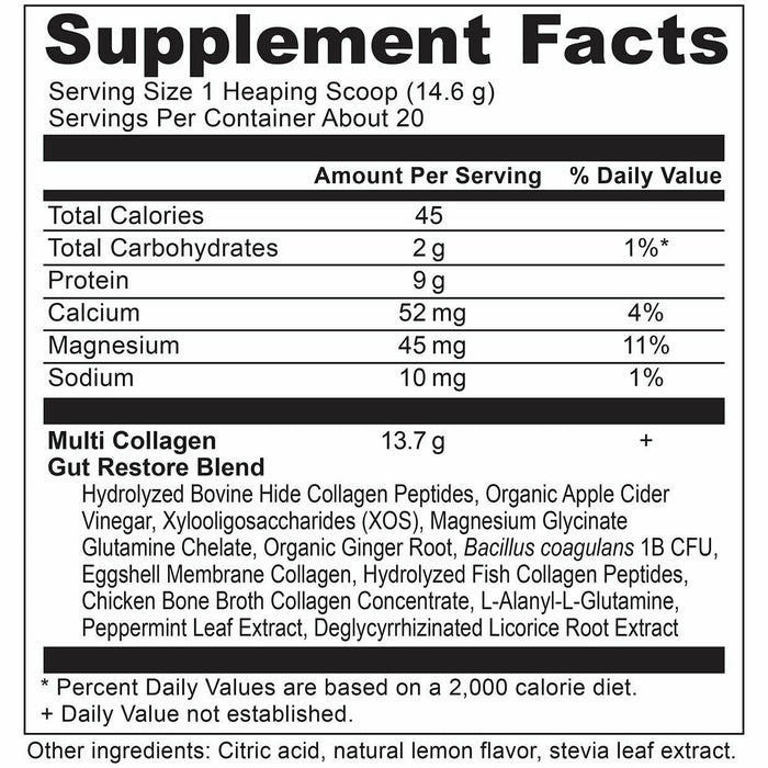 Ancient Nutrition Multi Collagen Protein Gut Restore Lemon Ginger supplement facts label