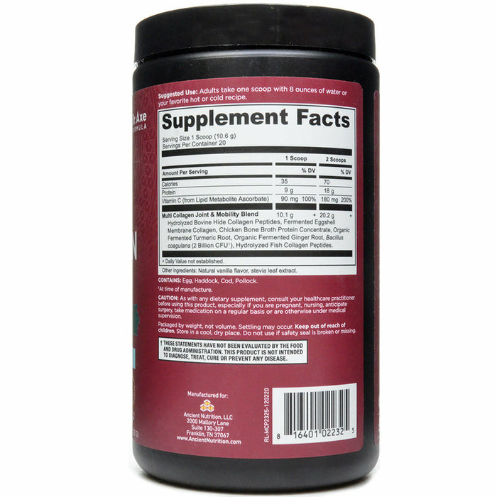 Ancient Nutrition Multi Collagen Protein Joint & Mobility Vanilla 20 servings supplement facts label