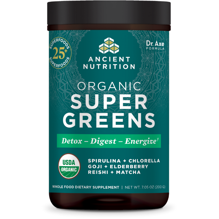 Ancient Nutrition Organic SuperGreens Powder Greens, front of jar