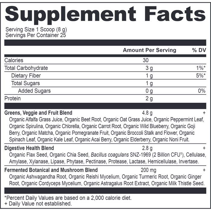 Ancient Nutrition Organic SuperGreens Powder Greens supplement facts label