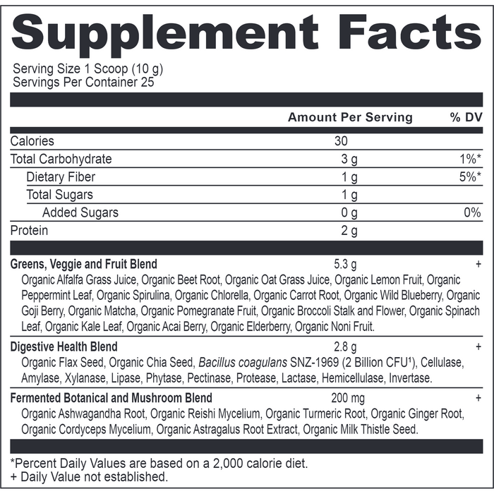 Ancient Nutrition Organic SuperGreens Powder Watermelon supplement facts label