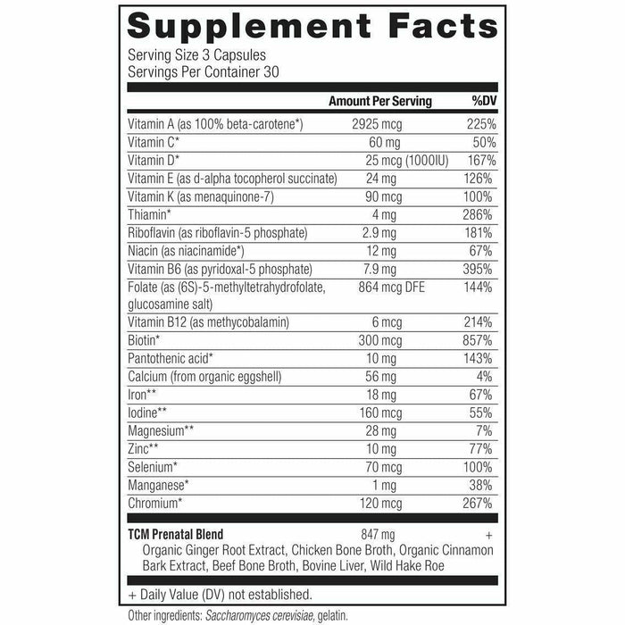 Ancient Nutrition Prenatal TCM 90 capsules supplement facts label 2