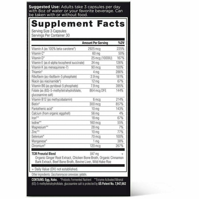 Ancient Nutrition Prenatal TCM 90 capsules supplement facts label
