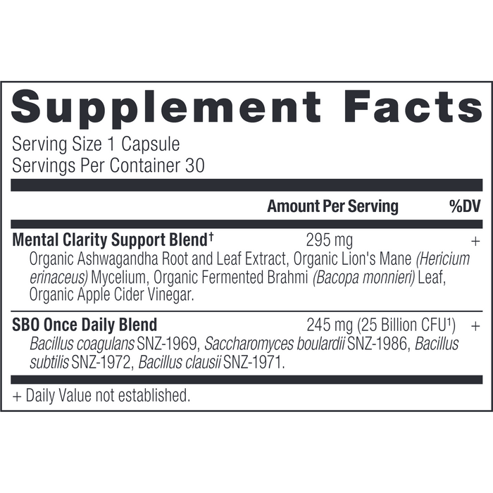 Ancient Nutrition SBO Probiotics Mental Clarity 30 capsules supplement facts label