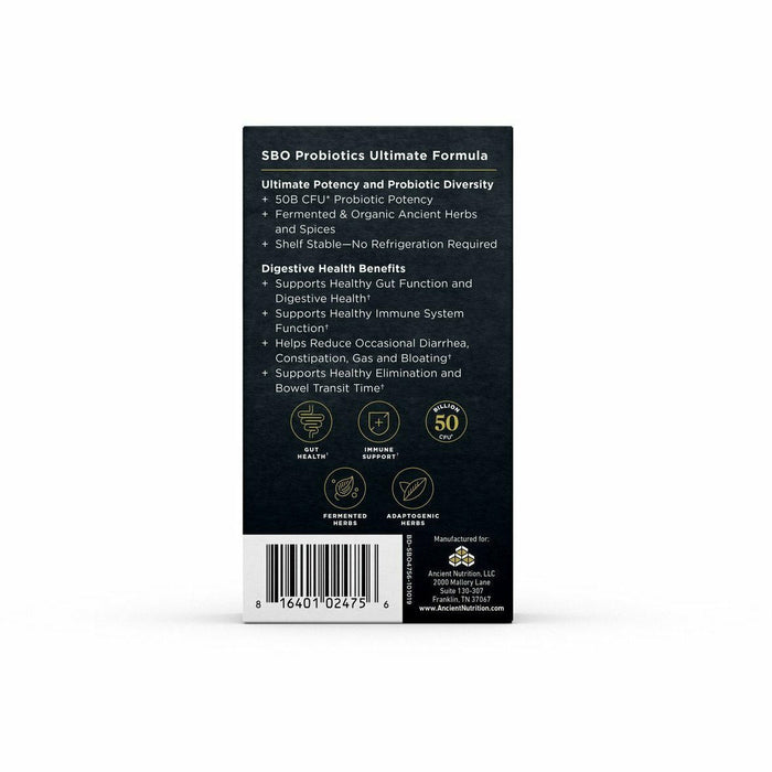 Ancient Nutrition SBO Probiotics Ultimate 60 capsules label information panel
