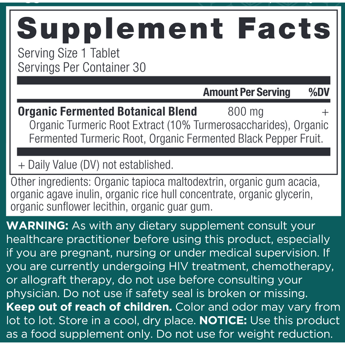 Ancient Nutrition Turmeric 800 mg 30 tablets supplement facts label 2