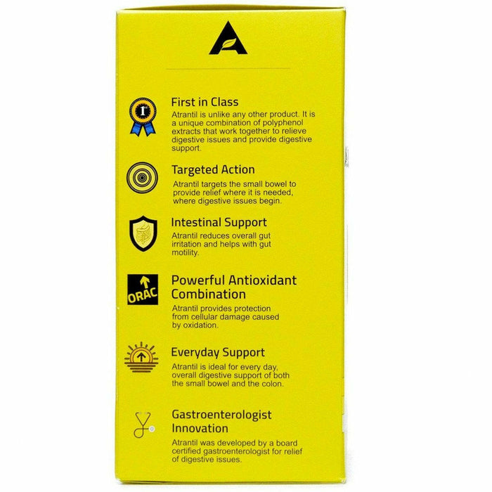 Atrantil Digestive Supplement 90 capsules box side panel, product benefits