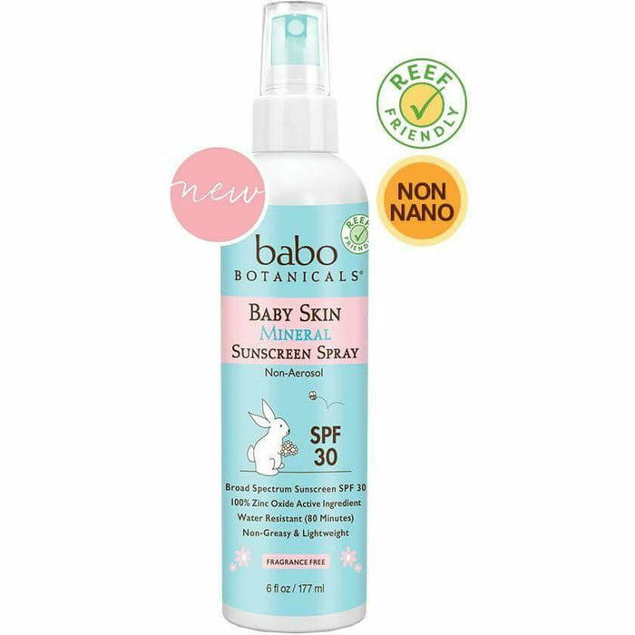 Babo Botanicals Baby Skin Mineral Sunscreen Spray SPF 30, 6 fl oz, front of spray bottle