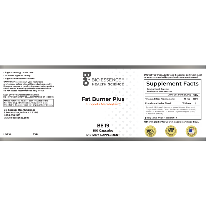 Bio Essence Health Science Fat Burner Plus 100 veg capsules full label