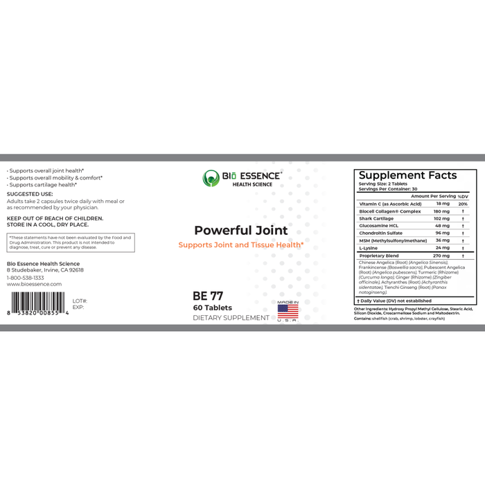 Bio Essence Health Science Powerful Joint 60 tablets full label
