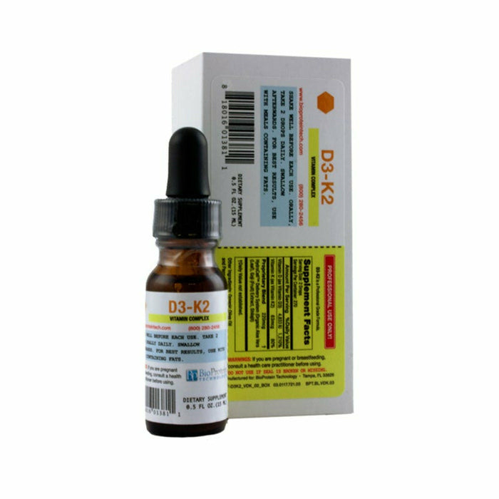 Bio Protein Technology D3-K2, 0.5 fl oz, front of dropper bottle with box