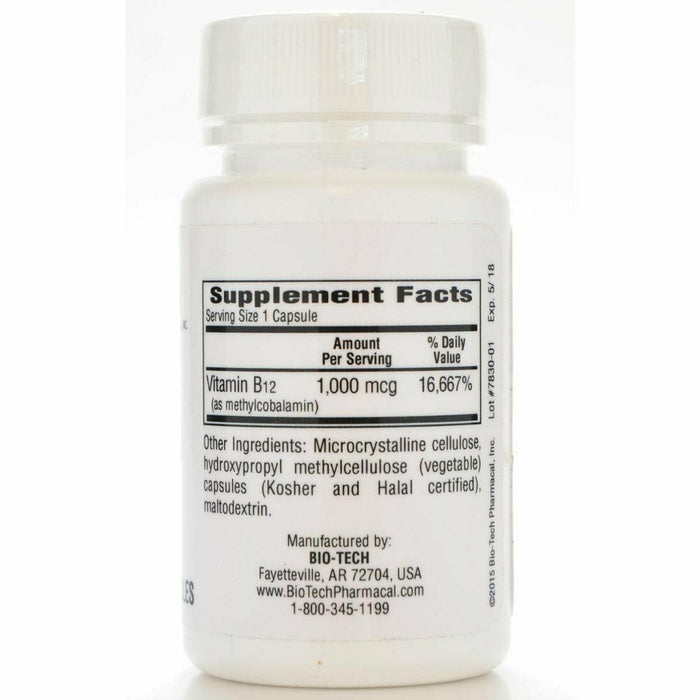 Bio-Tech B12-Methyl 1000 mcg 100 vegetable capsules supplement facts label