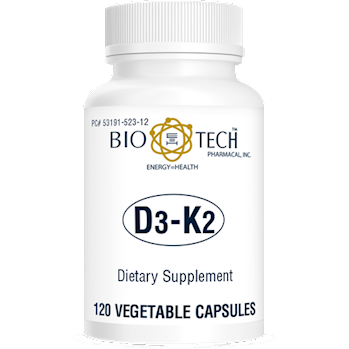 Bio-Tech D3-K2, 120 vegetable capsules, front of bottle
