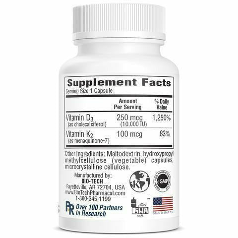 Bio-Tech D3-K2 120 vegetable capsules supplement facts label
