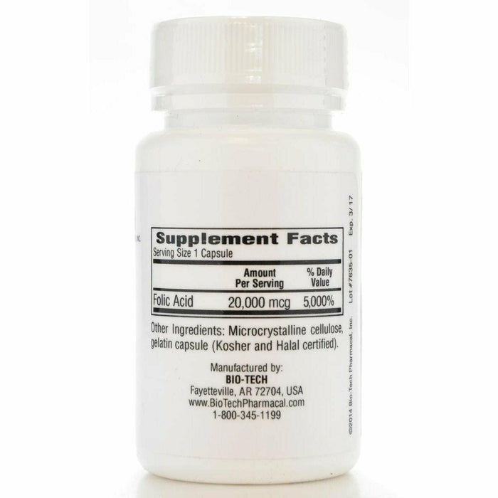 Bio-Tech Folic Acid 20 mg 100 capsules supplement facts label