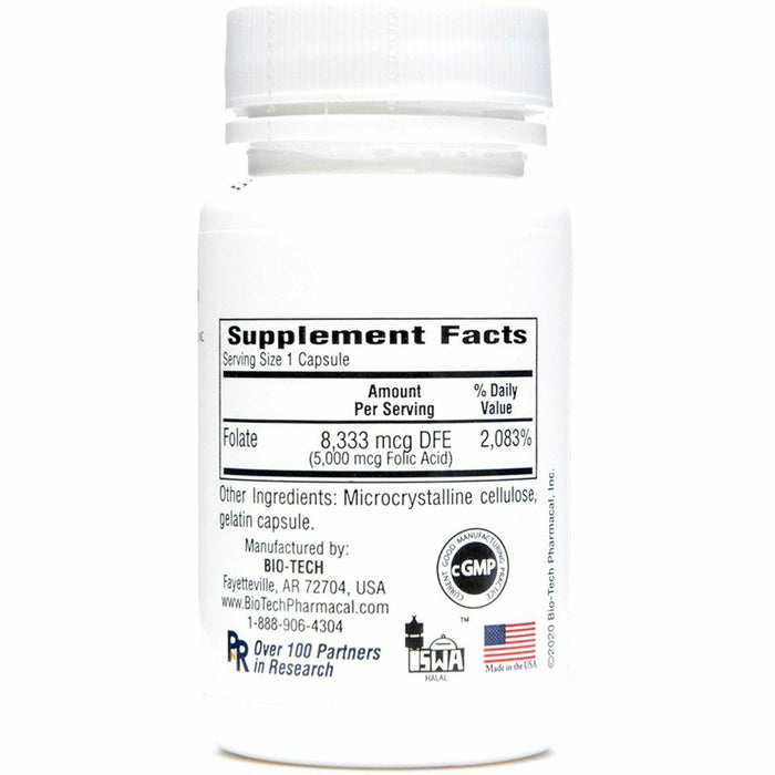 Bio-Tech Folic Acid 5 mg 100 capsules supplement facts label