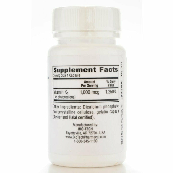 Bio-Tech K1-1000 (Vitamin K-1) 100 capsules supplement facts label