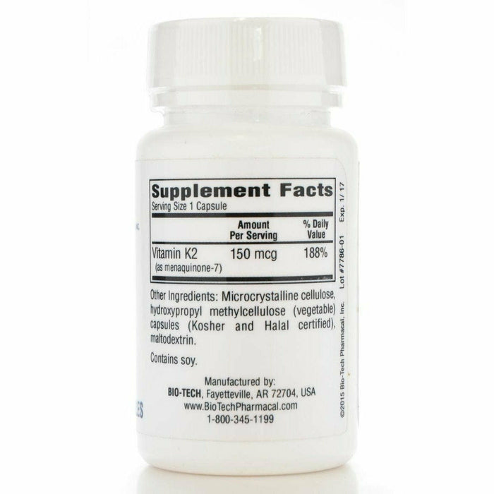 Bio-Tech MK-7 (Vitamin K2) 150 mcg 100 vegetable capsules supplement facts label