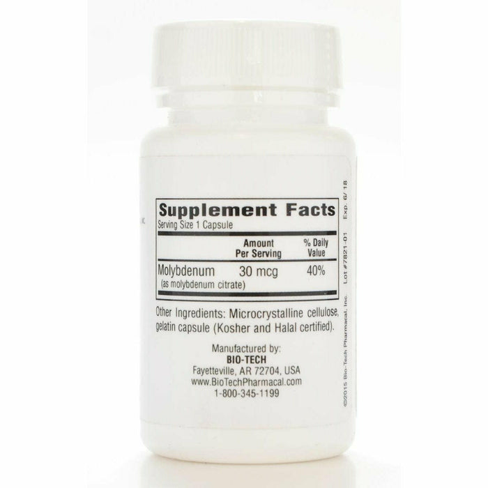 Bio-Tech Molybdenum Citrate 30 mcg 100 capsules supplement facts label