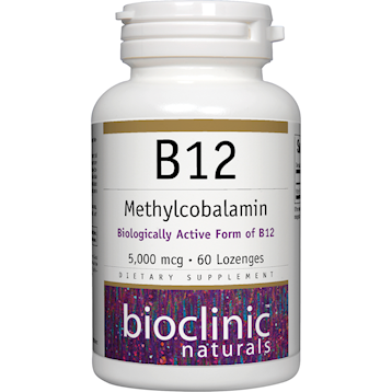 Bioclinic Naturals B12 Methylcobalamin 5000 mcg, 60 lozenges, front of bottle