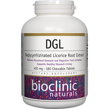 Bioclinic Naturals DGL 400 mg, 180 chewable tablets, front of bottle