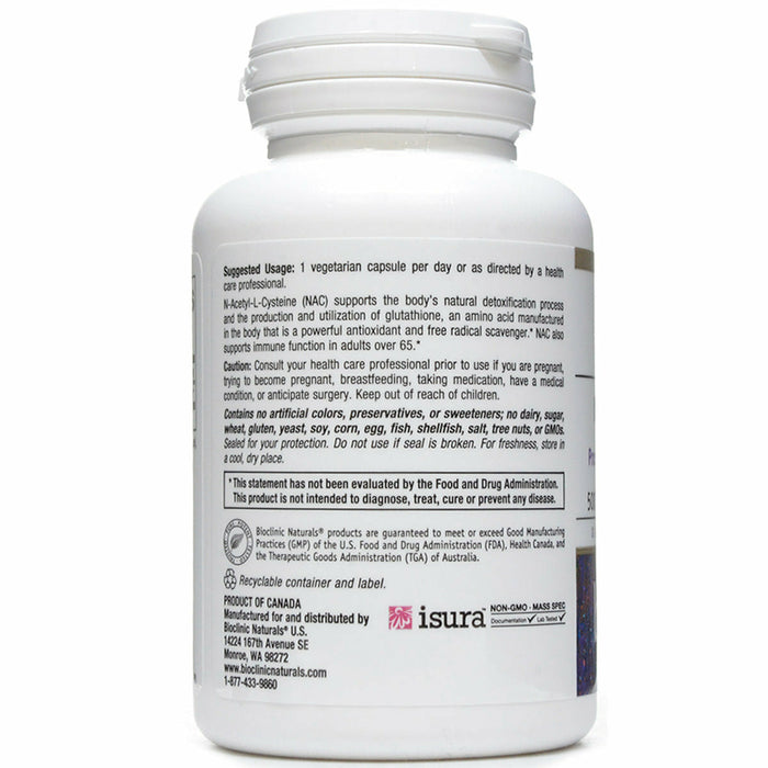 Bioclinic Naturals NAC 500 mg 90 vegetarian capsules suggested use label