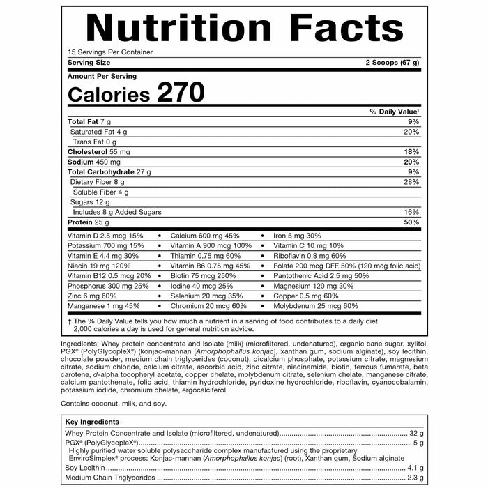 Bioclinic Naturals PGX Weight Loss Meal Replacement Chocolate 35 oz nutrition facts label