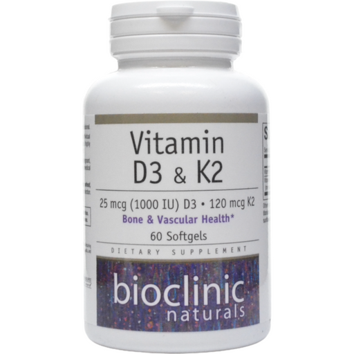 Bioclinic Naturals Vitamin D3 & K2, 60 softgels, front of bottle