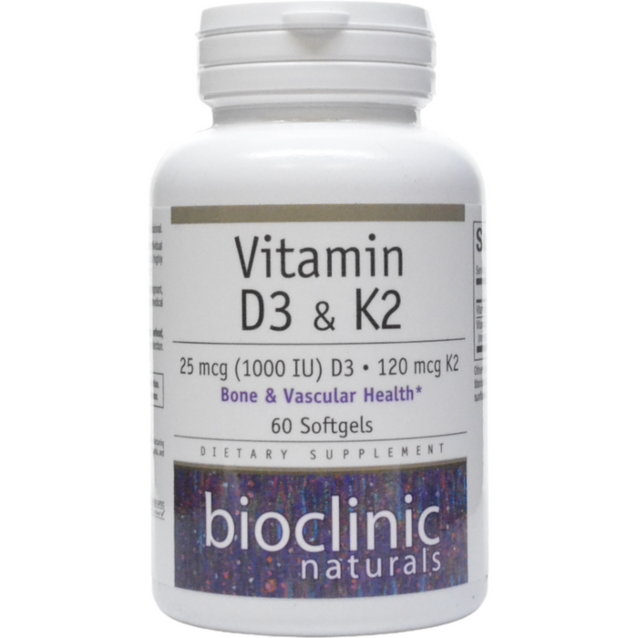 Bioclinic Naturals Vitamin D3 & K2, 60 softgels, front of bottle